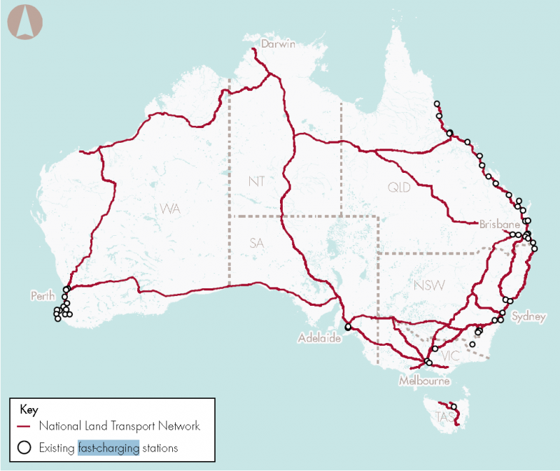 There are still huge gaps in Australia's EV charging network. Source: Infrastructure Australia.