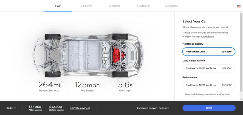 Mid-range Model 3 price