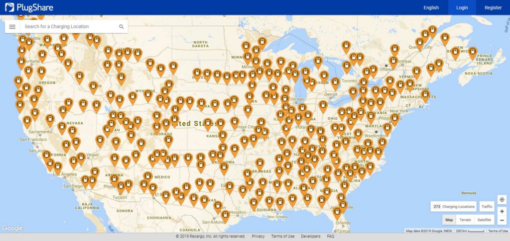 Tesla Superchargers in the USA. Source: Plugshare