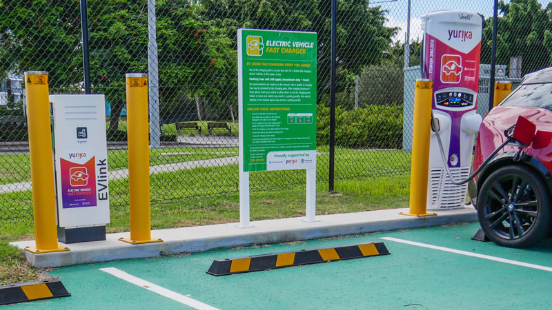 AC EVlink and DC Tritium chargers at Hamilton in Brisbane. Credit: Bridie Schmidt