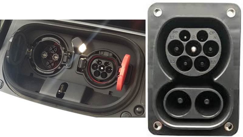 Left: CHAdeMO (left) and Type 2 (right) sockets in current model Nissan Leaf. Right: CCS2 combo socket