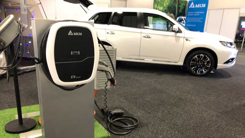 A Delta charger and Mitsubishi PHEV at the Zero Emissions conference.