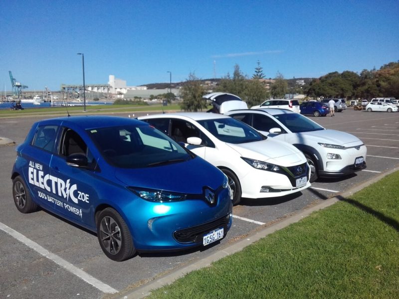 Three EVs parked at the Esperance foreshore.