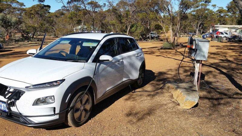 The Kona EV charges at Ravensthorpe (DC fast charger hidden inside).