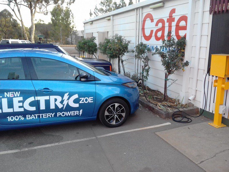 The Zoe charged at 22 kW from this public charger while we enjoyed breakfast inside. Supplied