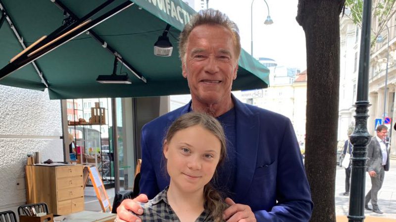 Thunberg and Schwarezenegger in May 2019. Source: Twitter