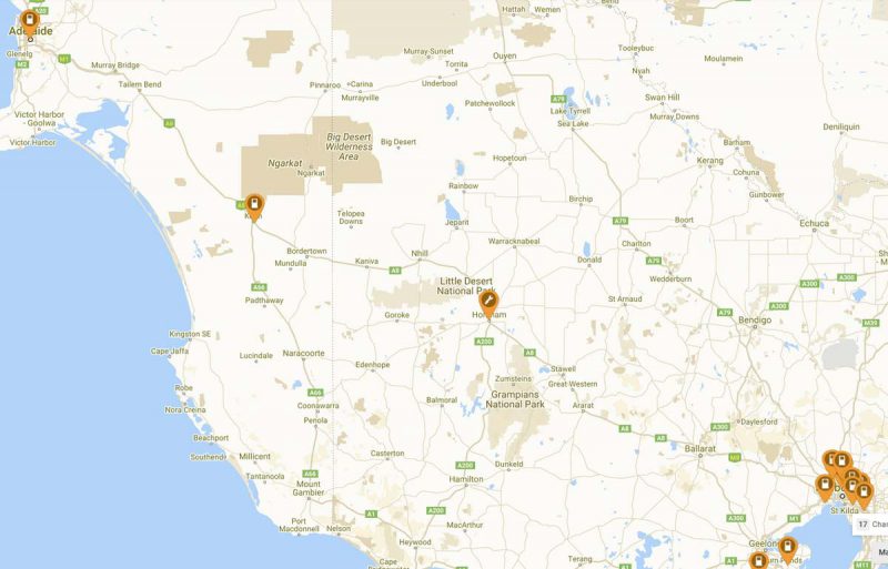 Finally, a Melbourne to Adelaide DC fast-charger route. Image: PlugShare.com