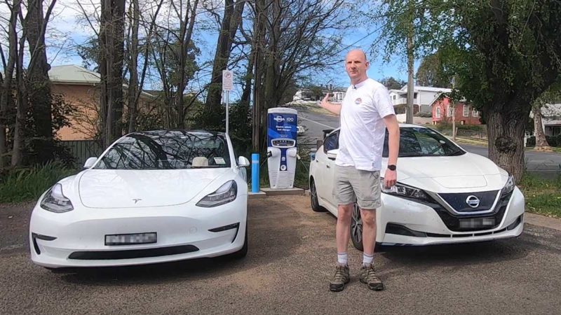 Shane Maher with Yuki the Leaf+ in Yass. Source: EV4ME2/Youtube