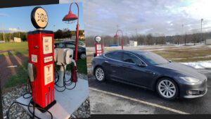 Tesla electric vehicle chargers disguised as old fashioned petrol pumps