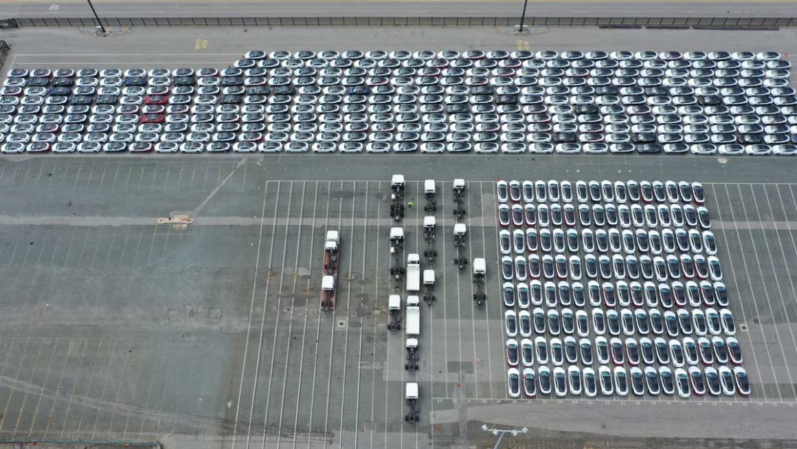 Tesla Model 3s lined up at Fremantle Port. Supplied