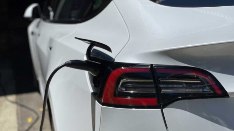 A Tesla electric car charging. Credit: Bridie Schmidt