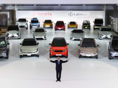 Akio Toyoda with electric vehicle range