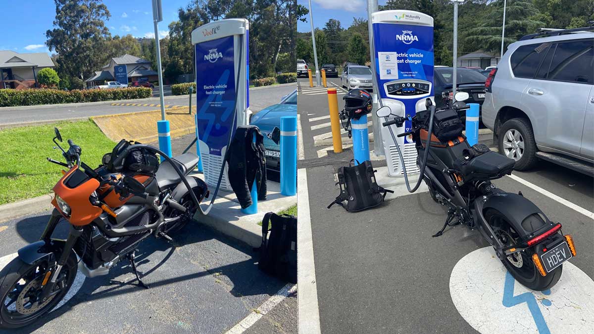 The Harley Davidson Livewire chargin at two NRMA chargers. Supplied