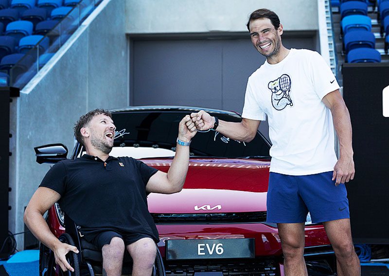 Dylan Alcott and Rafael Nadal with the VE6. Source: Kia