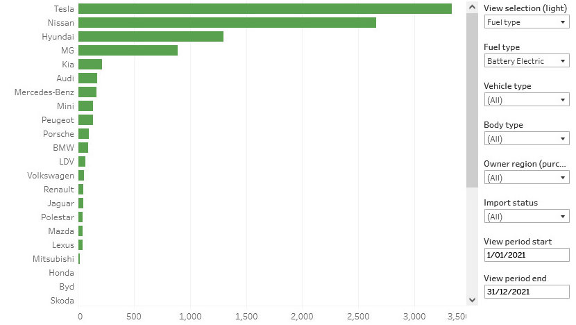 Initial EV registrations by make, 2021. Source: nzta.govt.nz