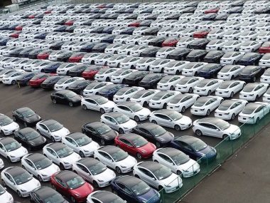Tesla Model 3s unloaded on the dock in Yokohama, Japan