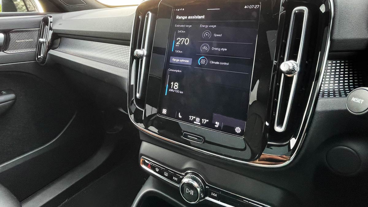 XC40 Pure Recharge touchscreen with range assistant. Image: Bridie Schmidt