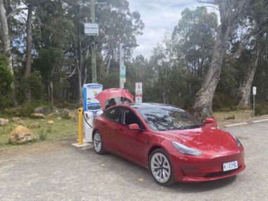 Tesla charging in the Derwent Valley, Tasmania.
