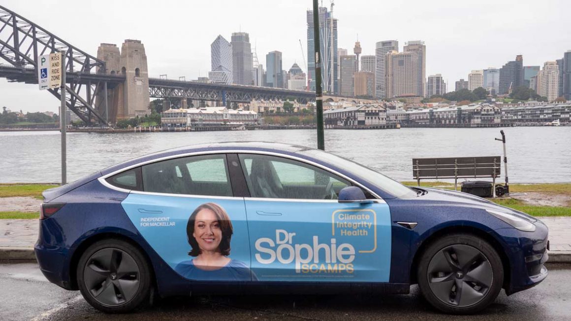 Dr Sophie Scamp's Tesla Model 3, used as her own campaign vehicle. Photo credit: Michael Mazengarb.