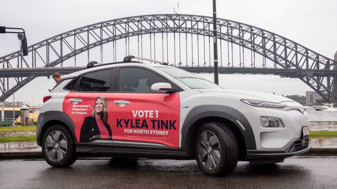 Kylea Tink's electric Hyundai Kona campaign vehicle. Photo credit: Michael Mazengarb.