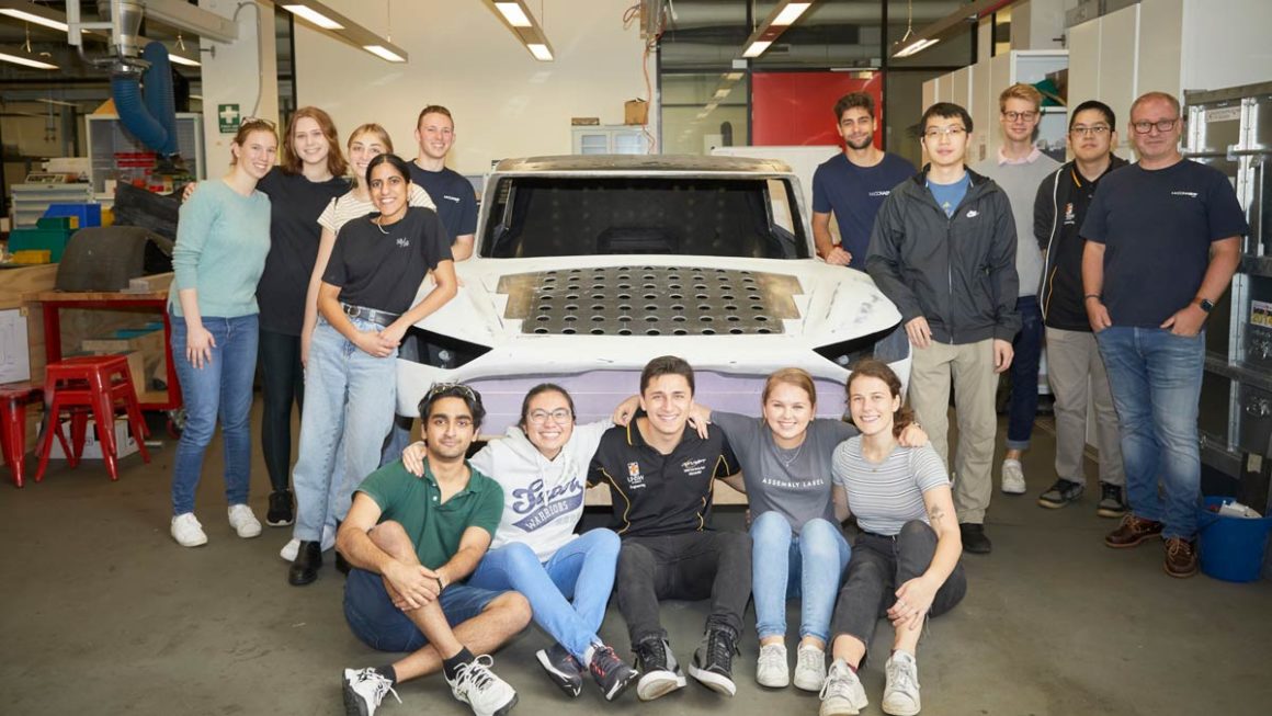 Members of the UNSW Sydney student team who designed, built and developed the Sunswift 7 solar car. Photo: UNSW Sydney / Richard Freeman