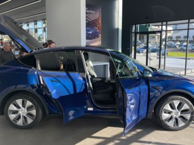 Tesla Model Y in blue. Image: Bridie Schmidt