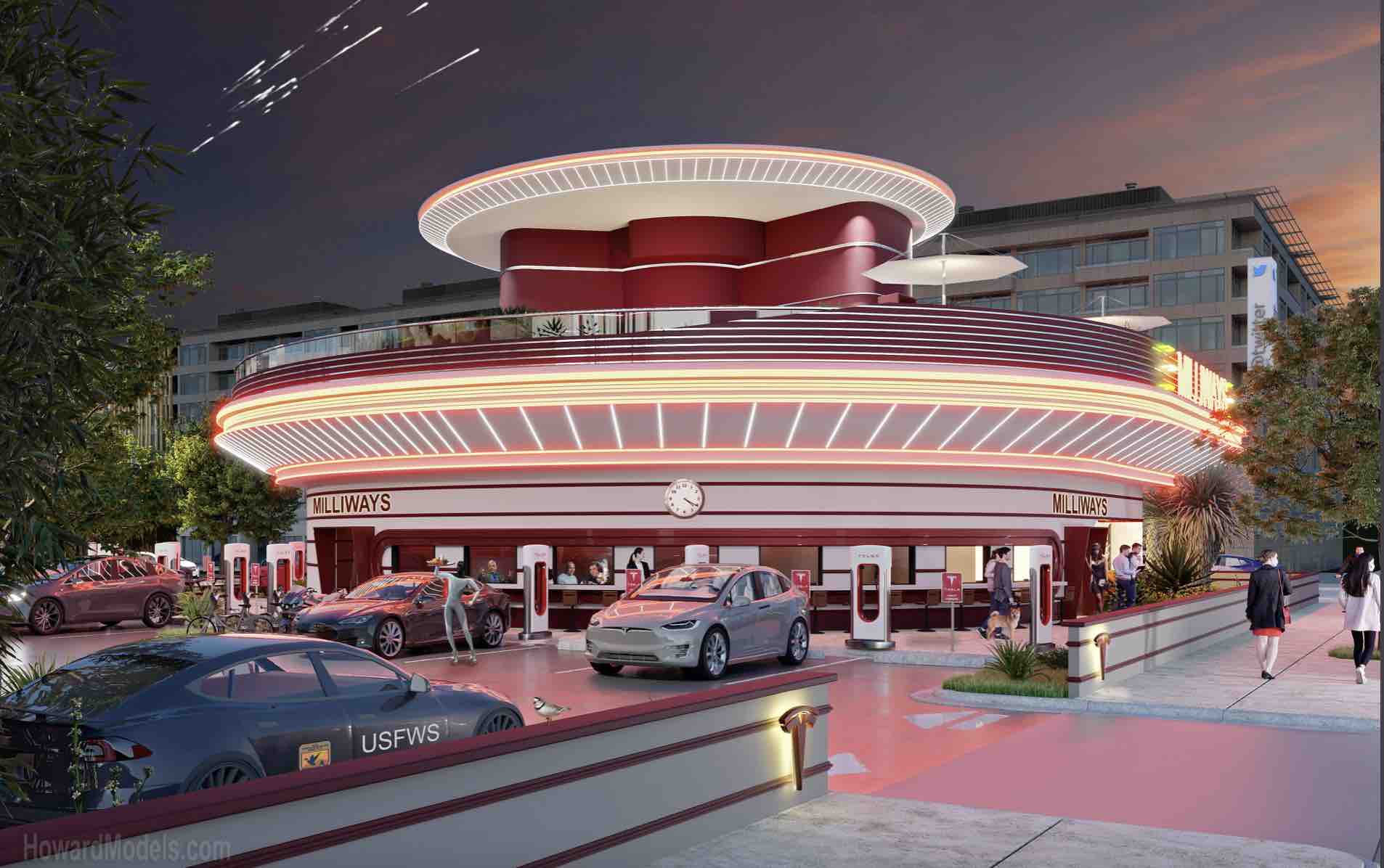 The Tesla restaurant (and chargers and drive-in theatre) at the end of the ICE age
