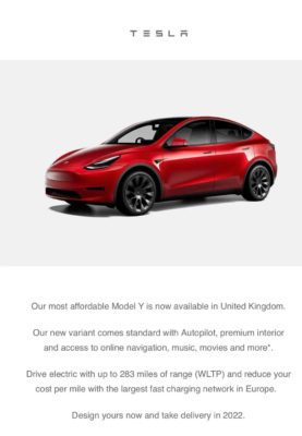 Tesla Model Y RWD launch email