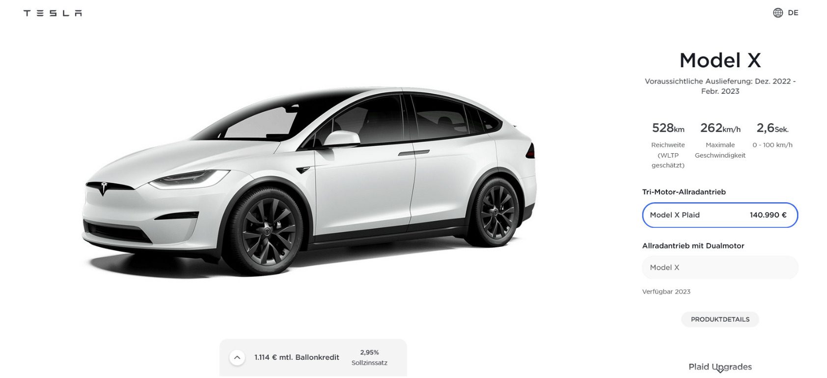 Plaid Model S pricing. Source: Tesla
