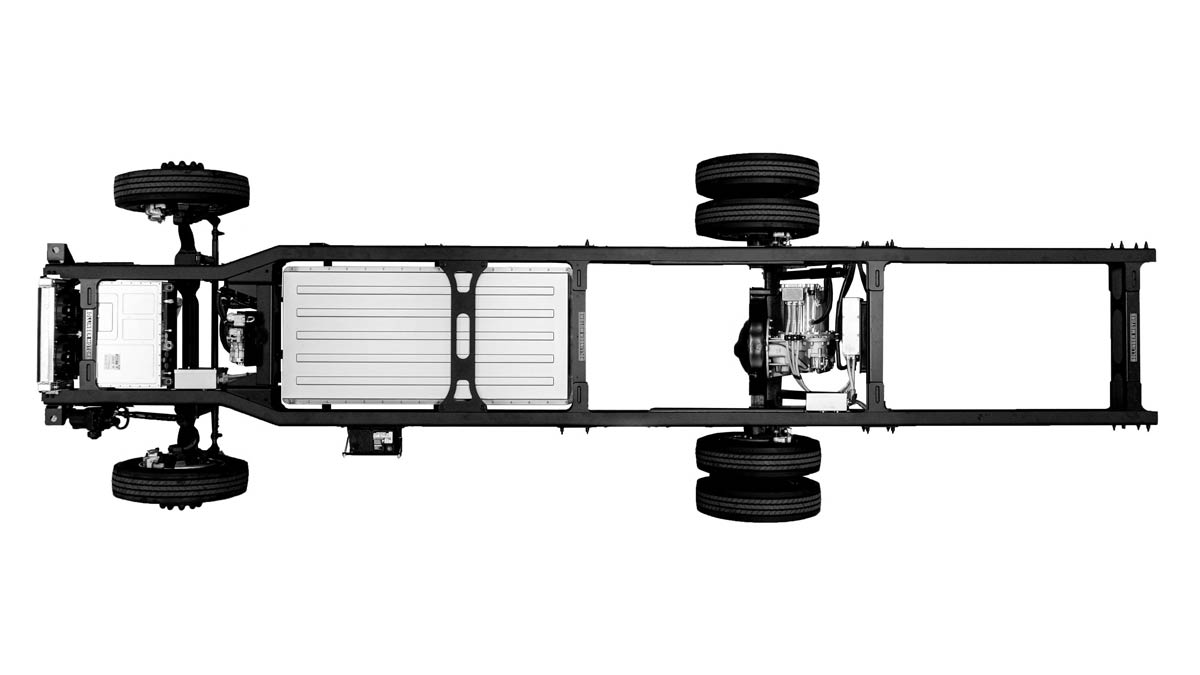 B4 ladder frame with motor and battery fitted. Image: Bollinger Motors.