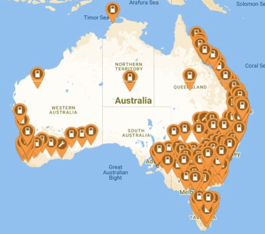 DC fast charger locations throughout Australia