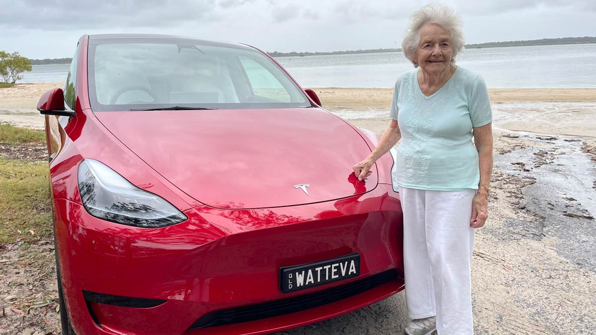 Audrey and Sarah Lynch and the Tesla Model Y. Supplied