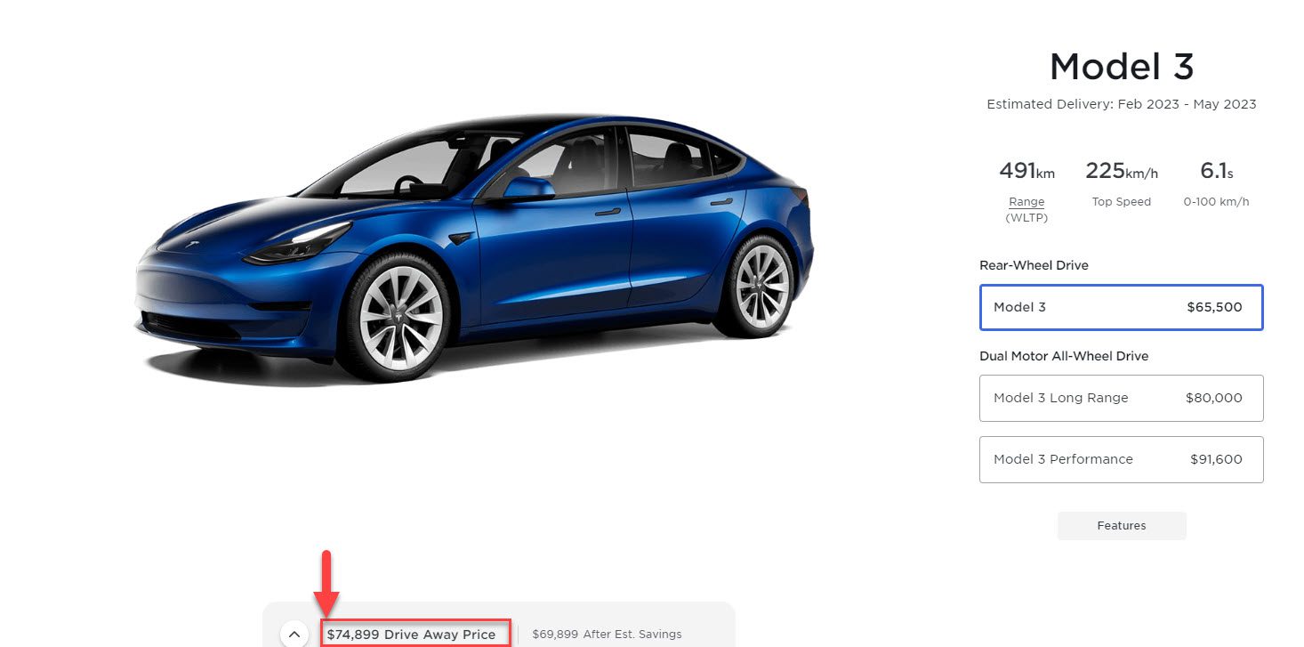 Tesla Model 3 RWD Australia Blue Price November 2022