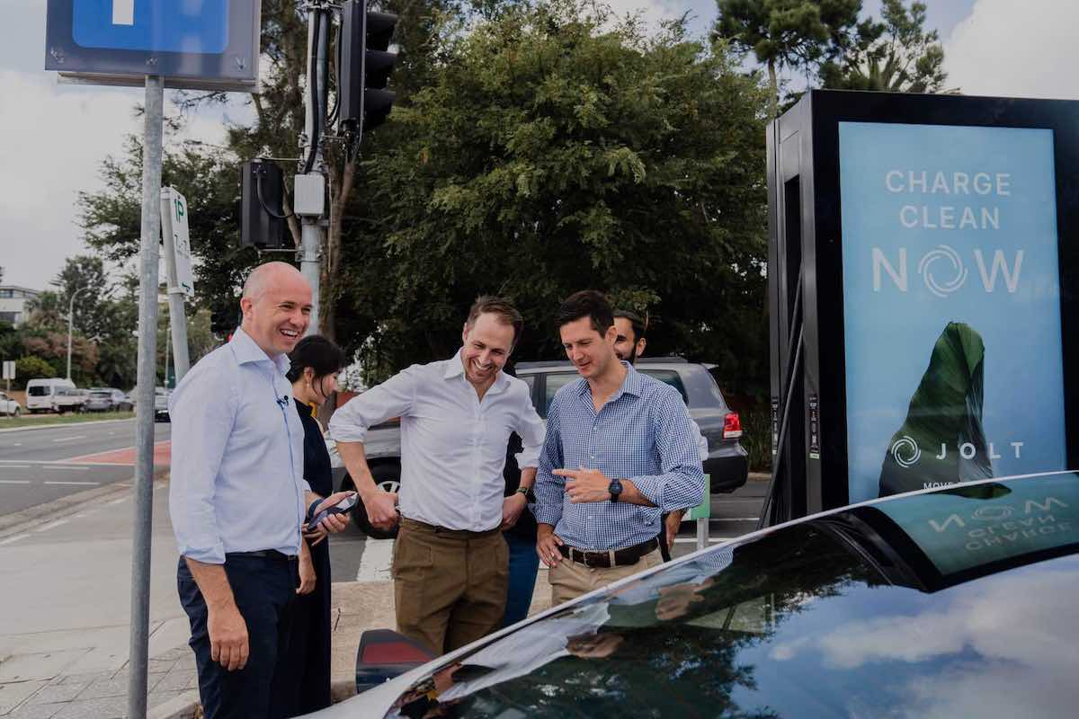 Matt Kean MP, Doug McNamee and Rory Amon (respectively) in front of JOLT EV charger