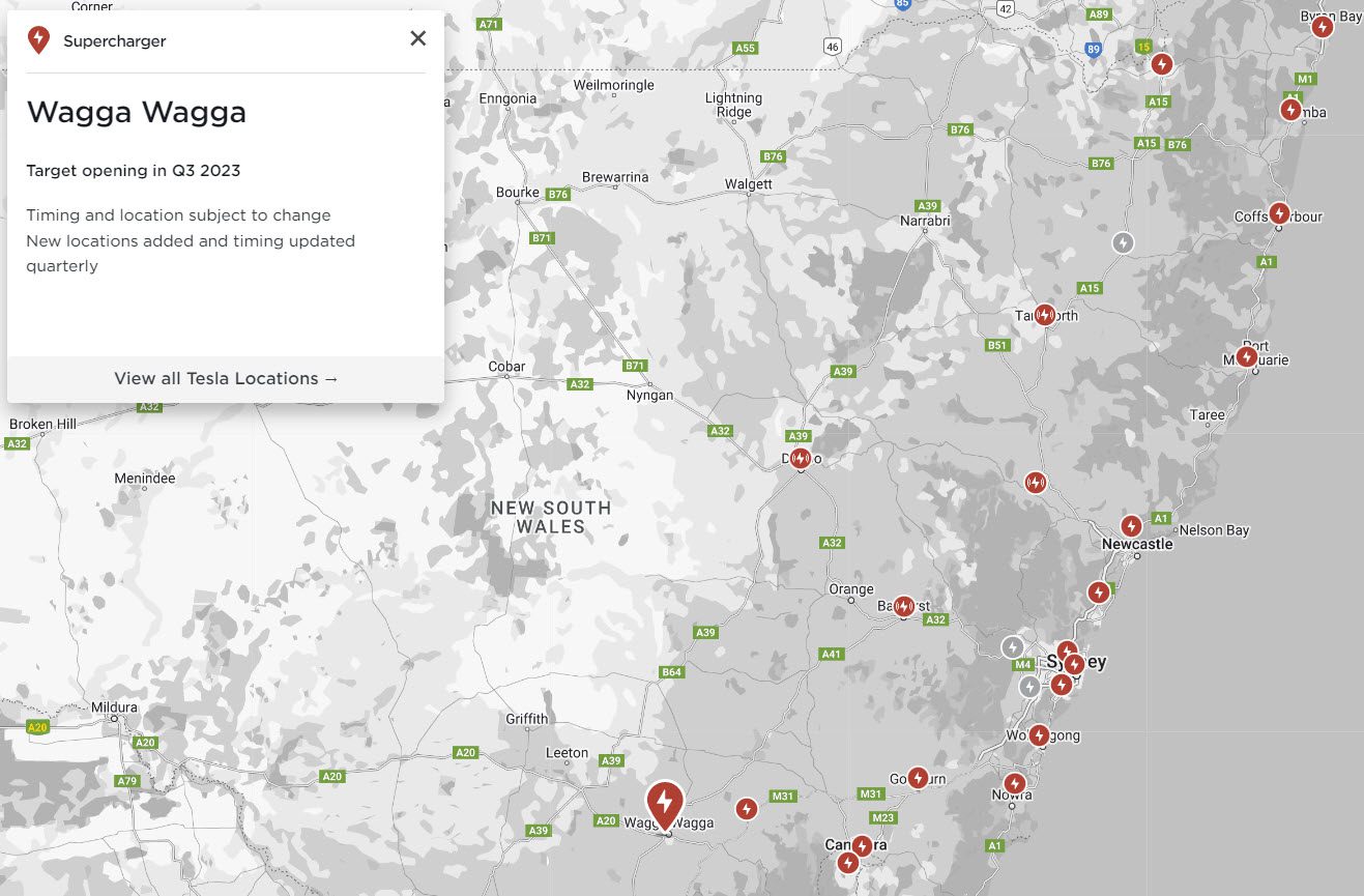 NSW Supercharger Sites February 2023