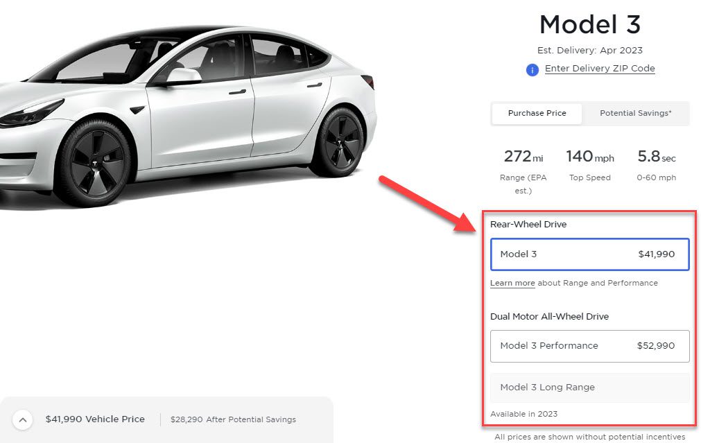 Tesla Model 3 US Prices April 2023