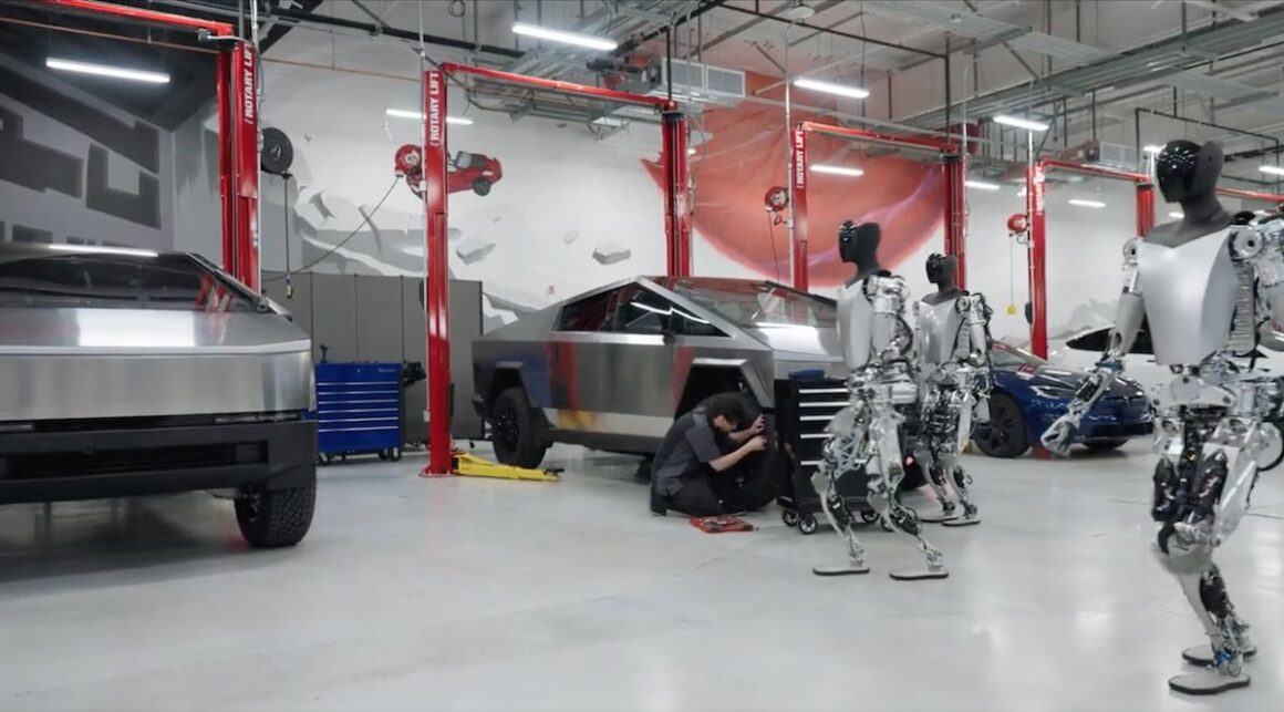 Tesla Optimus robot with Cybertrucks
