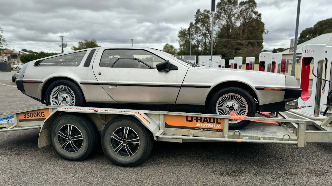 All electric Delorean being towed by Tesla from Canberra to Melbourne.