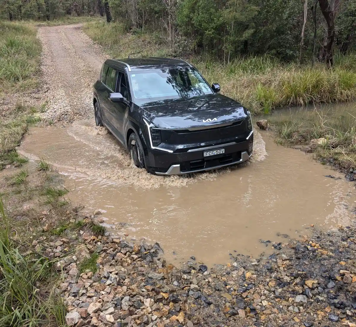 Ground clearance of the EV9 was not an issue crossing shallow creeks. Image: Anthony Eden