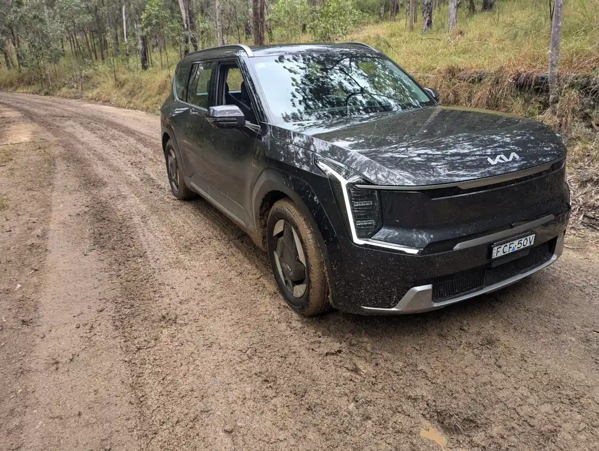 The EV9 could do with chunkier tyres if you plan on tackling dirt roads. Image: Anthony Eden