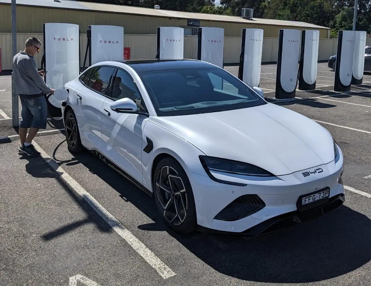 The BYD Seal was unable to charge at the Tesla Supercharger in Yass. Image: Sunny Snashall