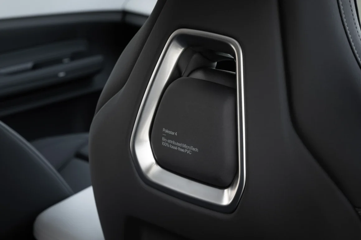 Recycled and low carbon materials are proudly labelled in the Polestar 4 cabin. Source: Polestar