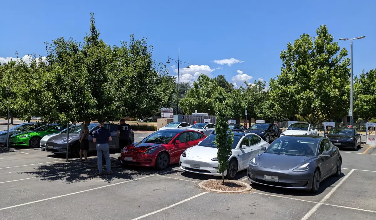 Waiting to charge at the Wodonga Supercharger in 2022. Image: Tim Eden