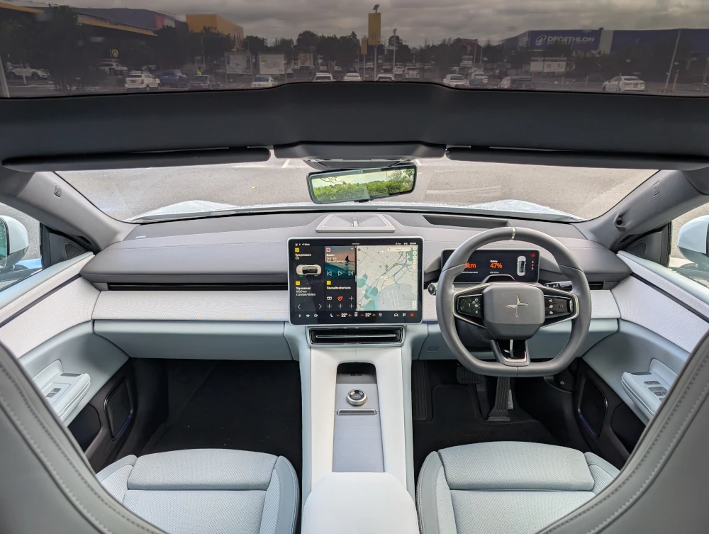 Polestar 4 dash and front seats in Mist Tailored Knit with Zinc deco. Image: Tim Eden