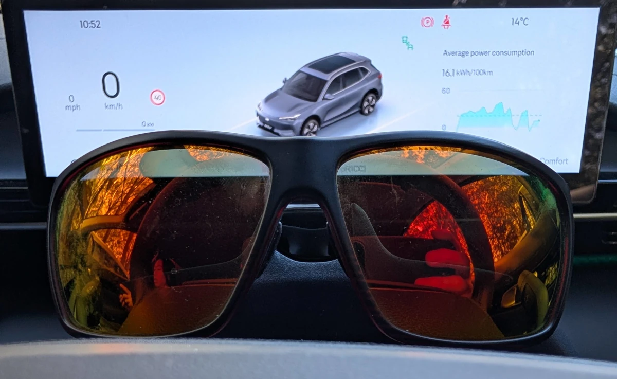 My reflective sunglasses proved too much for the Geely EX5 driver monitoring system. Source: Tim Eden