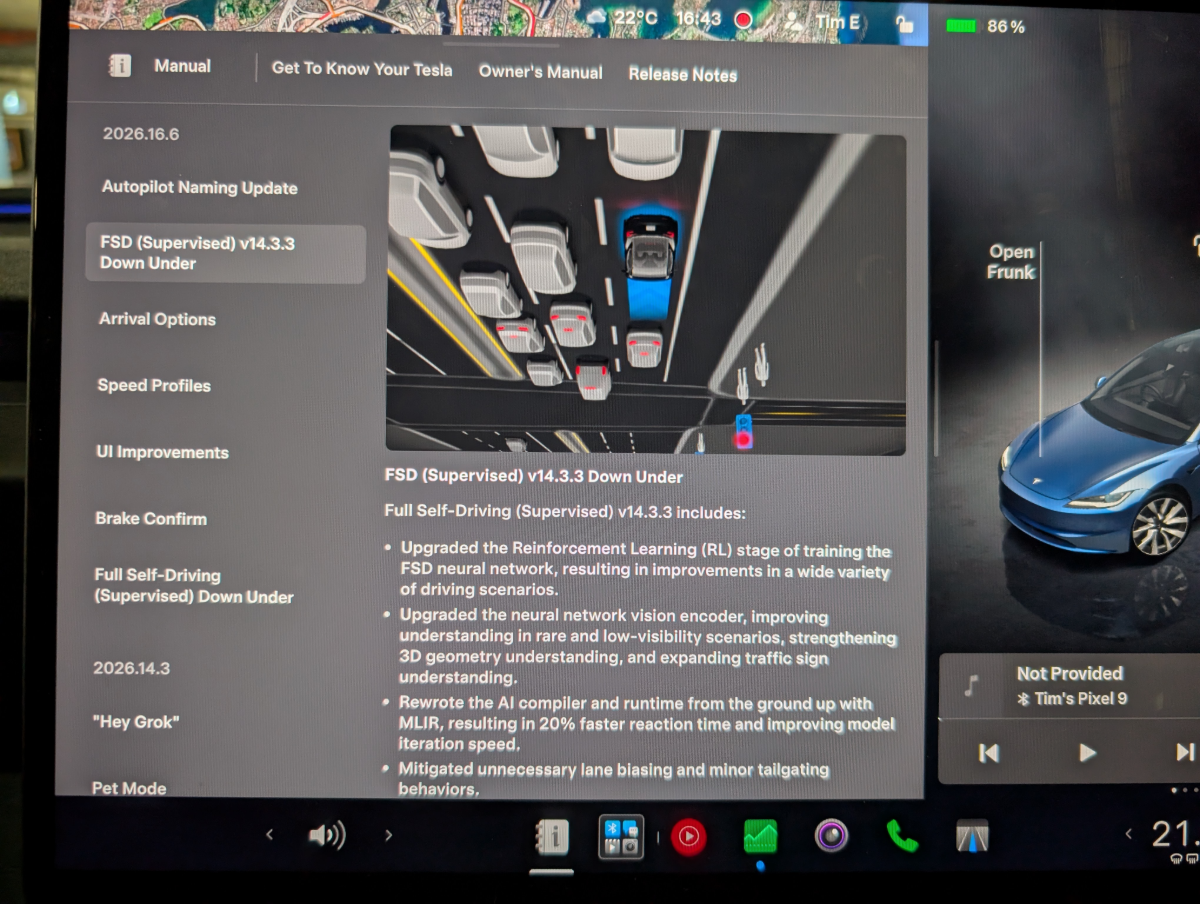 Tesla FSD (Supervised) v14.3.3 release notes on screen. Source: Tim Eden