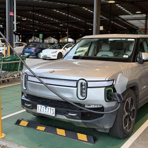 Rarely seen Rivian electric ute spotted charging in Melbourne supermarket carpark